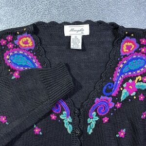 Margules Black Ramie Cotton Embroidered Floral Paisley Cardigan‎ Sweater M